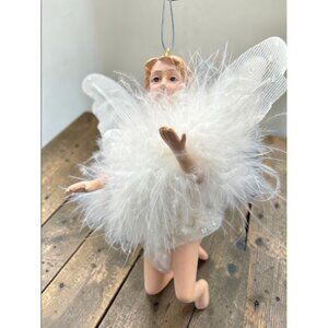 Kneeling Fairy Ornament With White Feather Dress & Glitter Wings